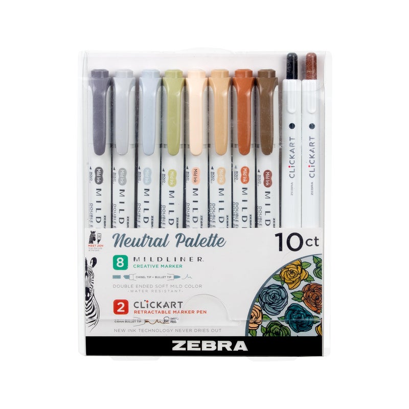 Zebra Pen مجموعة باليت محايد من قلم زيبرا، تشمل 8 أقلام تمييز Mildliner و2 قلم ClickArt، ألوان حبر محايدة عتيقة متنوعة بدون تسرب، 10 قطع، رقم الموديل: 78601 - Image 1