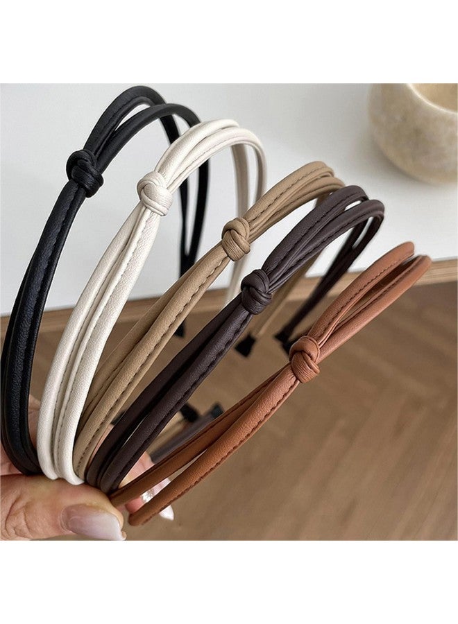 ووفوووفو 5 قطع من عصابات الرأس الجلدية الرقيقة للنساء، عصابات رأس معقودة لطيفة لشعر النساء عصابات رأس نسائية أنيقة باللون الأسود والبني والأبيض للفتيات إكسسوارات شعر نسائية - Image 1