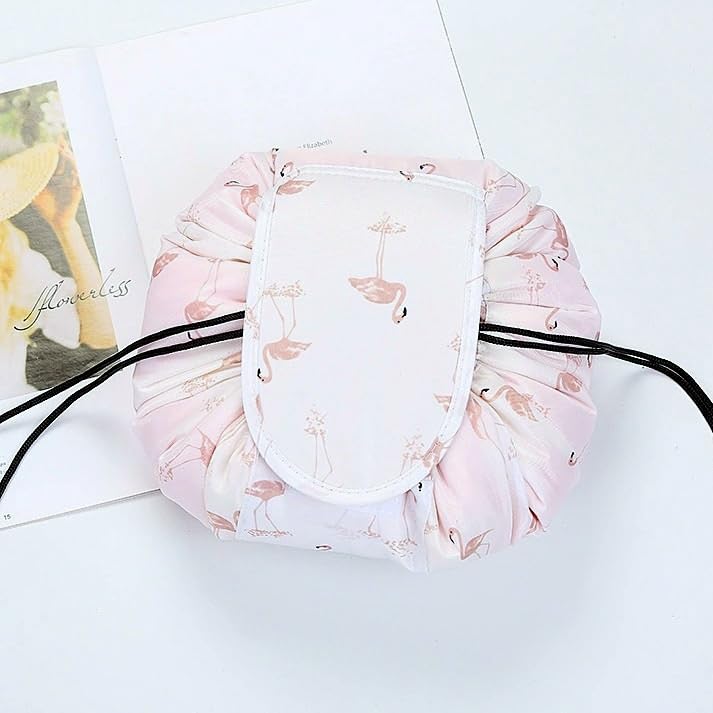 ERHETUS Stylish Portable Lazy Cosmetic Bag with Drawstrings | Convenient & Waterproof Makeup Pouch for Girls | Large Capacity Storage Pouches | Toiletry Bags for Women (White Flamingo) - Image 3