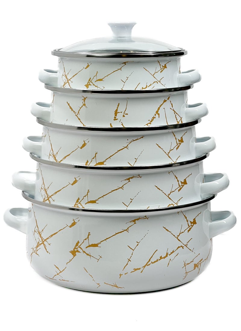 HTH - Set of 5 Enamel Cookware Pots with Lid Set Non Stick Coating with Stainless Steel Welt & Dual Handle Non Stick Enamel Dutch Oven for Bread Baking Cooking Soup Dutch Oven - Image 1