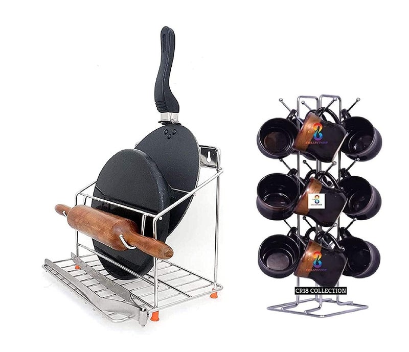 CR18 COLLECTION THIS is a combo prodcut tawa chakla stand or 12 cup holder stand COMBO Chakla Belan and Tawa Stand for Kitchen - 100% Rust-Free Stainless Steel(combo) - Image 1