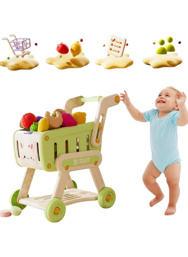 Dominy Kids Shopping Cart Trolley Play Set with 32 pieces Pretend Food and Accessories,Toy Shopping Cart Trolley for Kids Baby with Play Foods, Grocery Shopping Cart Playing Pretend Games (Green)  - Image 1