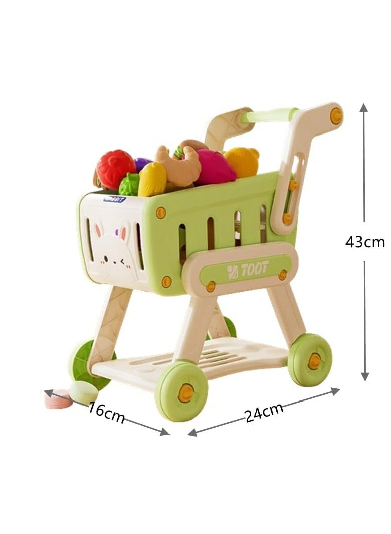 Dominy Kids Shopping Cart Trolley Play Set with 32 pieces Pretend Food and Accessories,Toy Shopping Cart Trolley for Kids Baby with Play Foods, Grocery Shopping Cart Playing Pretend Games (Green)  - Image 2