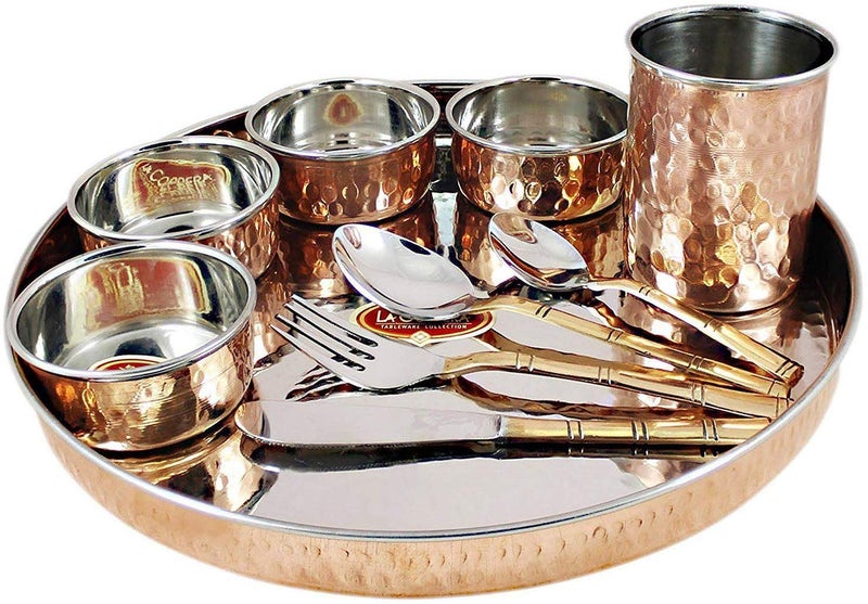 AIA India Stainless Steel Copper Traditional Dinner Thali Set Dinnerware Tableware 10 Pieces - Image 2