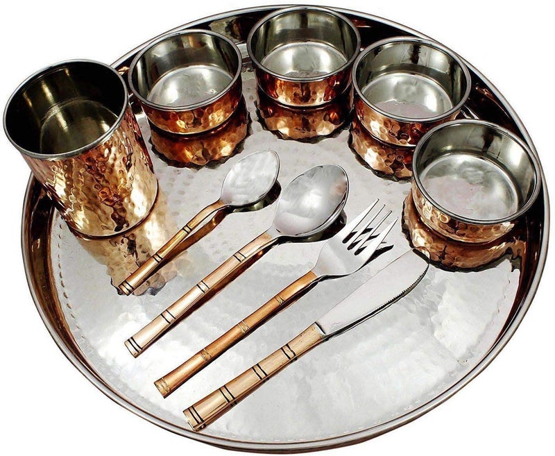 AIA India Stainless Steel Copper Traditional Dinner Thali Set Dinnerware Tableware 10 Pieces - Image 1