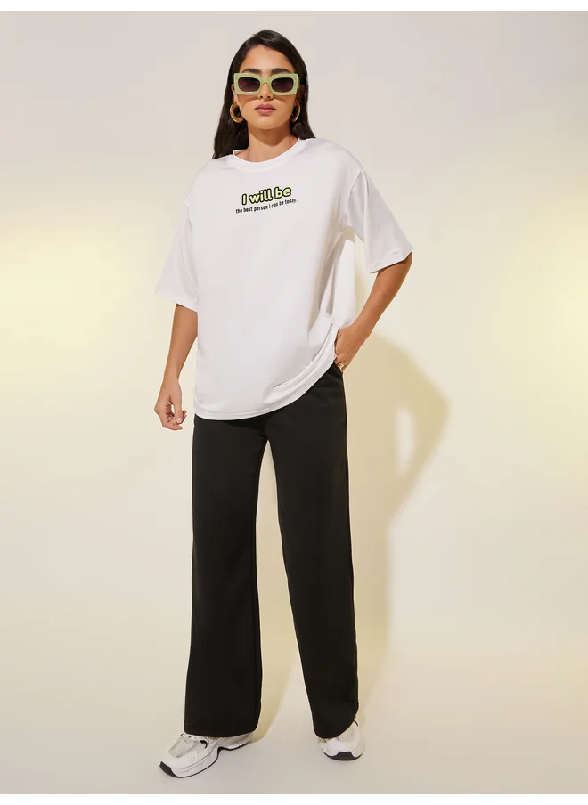 تايك تو Take Two Round Neck Slogan Print T-Shirt