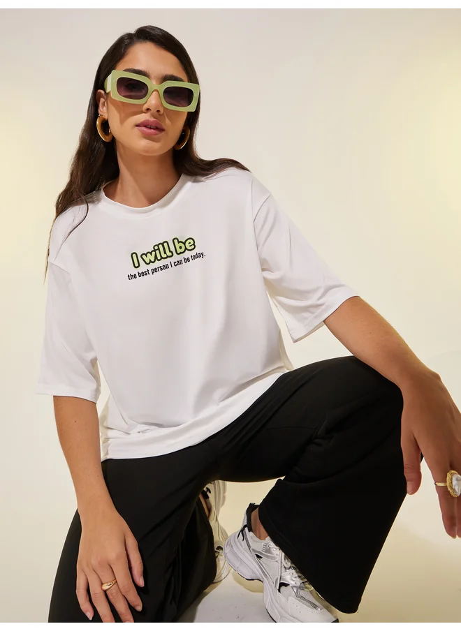 تايك تو Take Two Round Neck Slogan Print T-Shirt