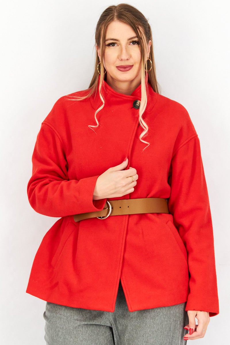 One Step Women Solid Long Sleeve Belted Trench Coat, Red - Image 1