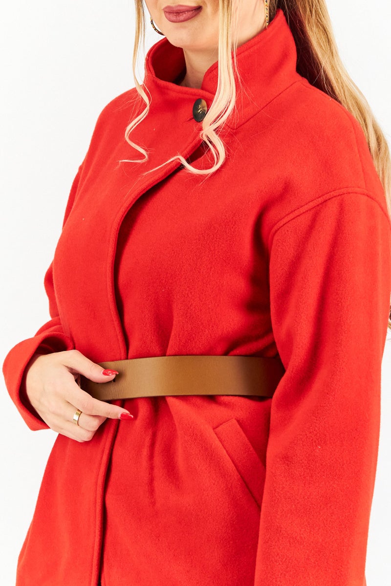 One Step Women Solid Long Sleeve Belted Trench Coat, Red - Image 3