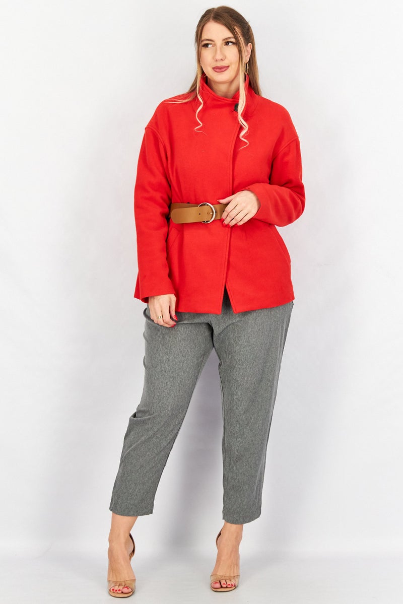 One Step Women Solid Long Sleeve Belted Trench Coat, Red - Image 4