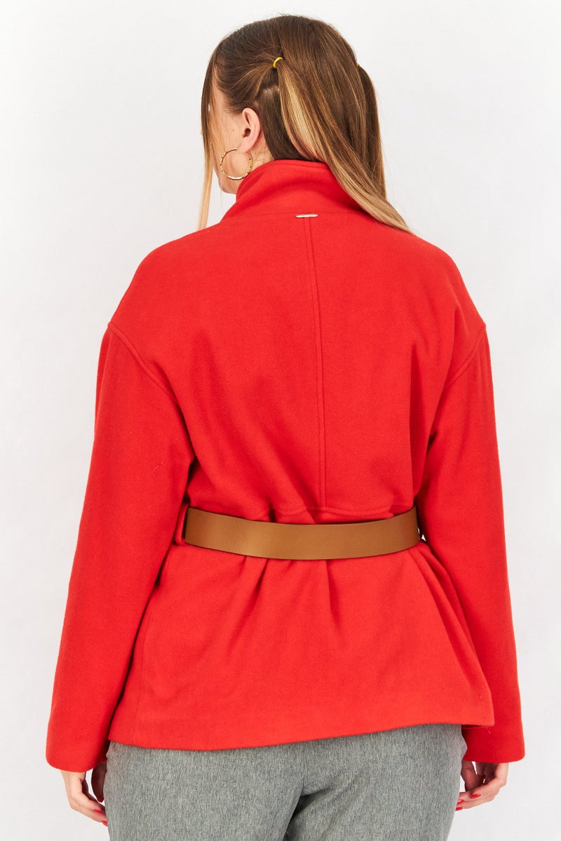One Step Women Solid Long Sleeve Belted Trench Coat, Red - Image 2