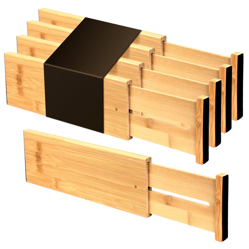 Utoplike Bamboo Dresser Drawer Dividers, 4'' High Adjustable Drawer Organizers for Clothing, Spring Loaded, Works in Kitchen, Bathroom, Bedroom, Drawer, Desk, 4 pcs - Image 1