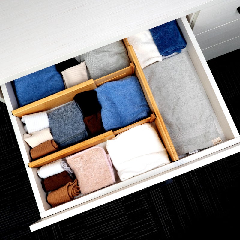 Utoplike Bamboo Dresser Drawer Dividers, 4'' High Adjustable Drawer Organizers for Clothing, Spring Loaded, Works in Kitchen, Bathroom, Bedroom, Drawer, Desk, 4 pcs - Image 4
