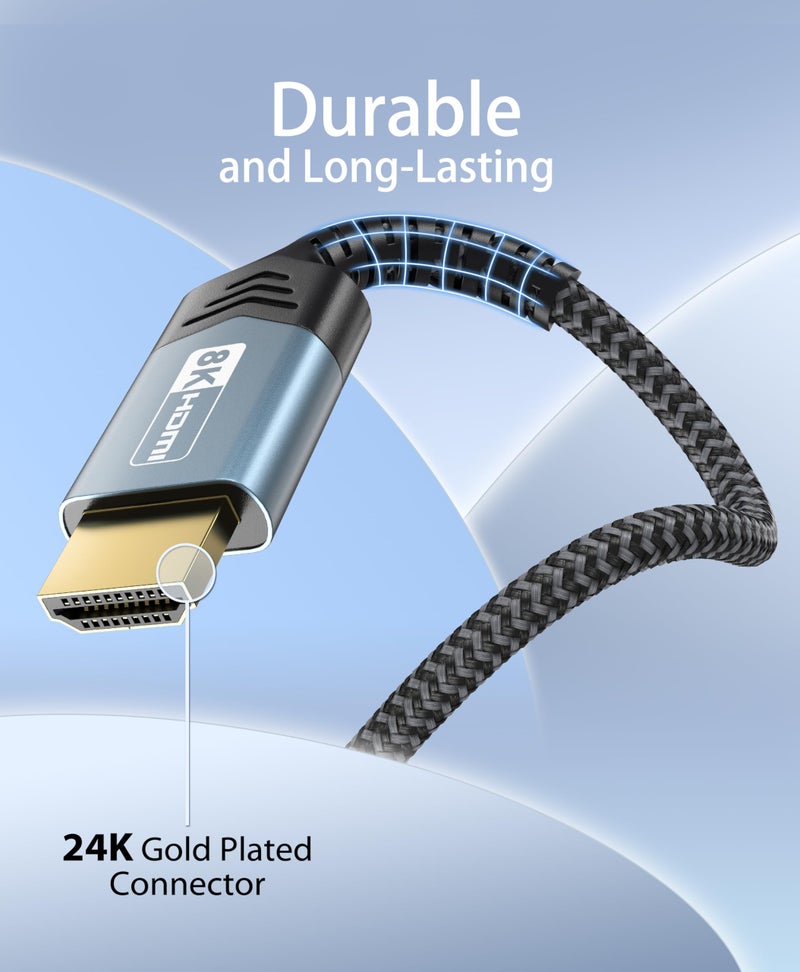 BlueRigger 10K 8K HDMI 2.1 Cable 48Gbps (3FT, 8K 60Hz, 4K 120Hz, eARC, HDR10 VRR HDCP 2.3) Ultra High Speed HDMI Cable Braided Cord - For Gaming Xbox Series X Roku HDTV Monitor - Image 2