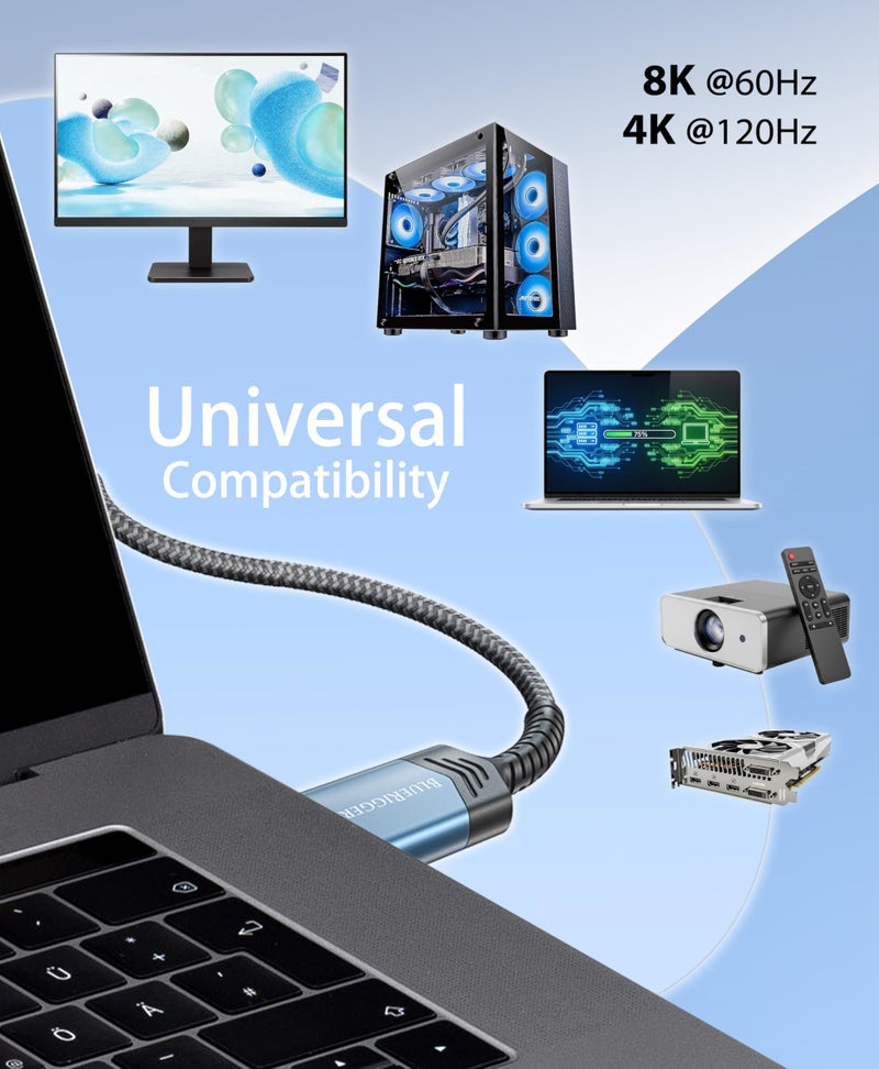 BlueRigger 10K 8K HDMI 2.1 Cable 48Gbps (3FT, 8K 60Hz, 4K 120Hz, eARC, HDR10 VRR HDCP 2.3) Ultra High Speed HDMI Cable Braided Cord - For Gaming Xbox Series X Roku HDTV Monitor - Image 3