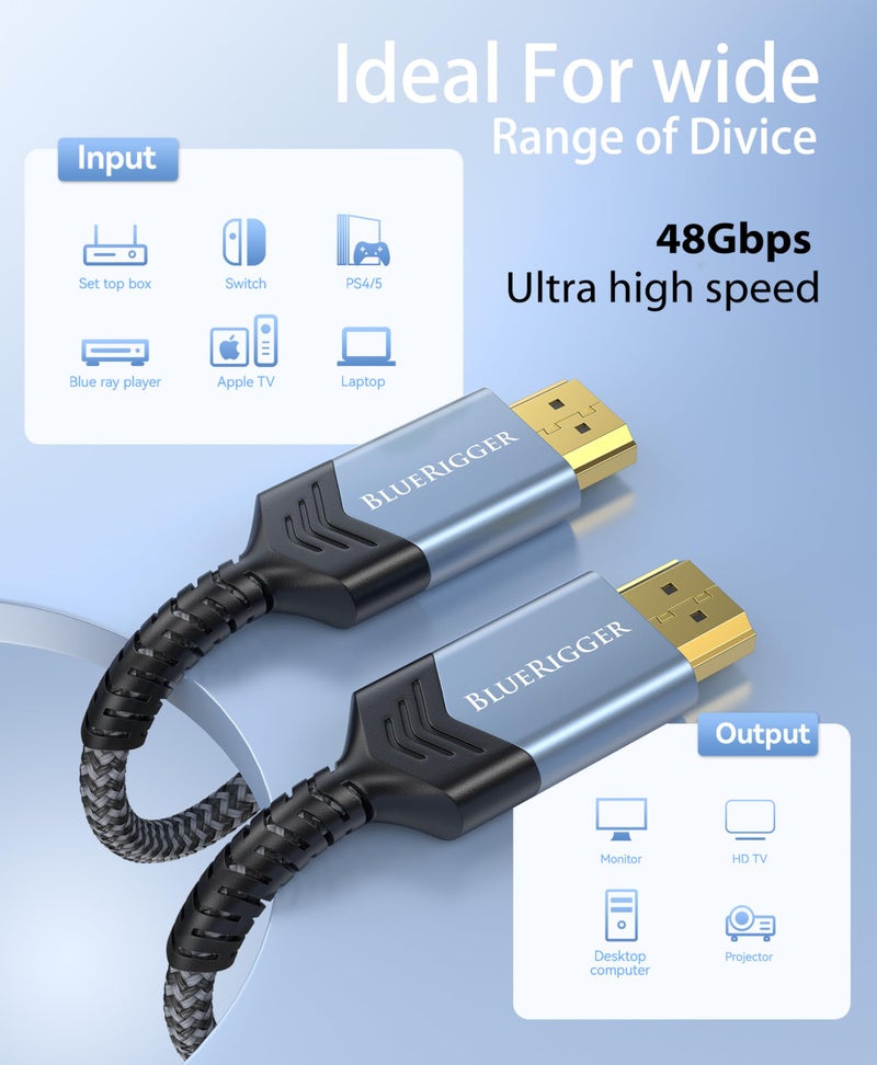 BlueRigger 10K 8K HDMI 2.1 Cable 48Gbps (3FT, 8K 60Hz, 4K 120Hz, eARC, HDR10 VRR HDCP 2.3) Ultra High Speed HDMI Cable Braided Cord - For Gaming Xbox Series X Roku HDTV Monitor - Image 4