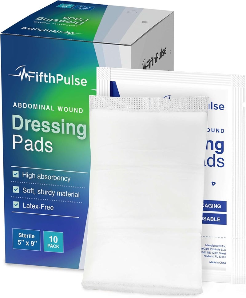 FifthPulse ضمادات جروح البطن 20 عبوة  ضمادات ABD 5x9 معقمة غير لاصقة قطنية فائقة الامتصاص مع حواف محكمة مغلقة ومغلفة بشكل فردي - Image 1