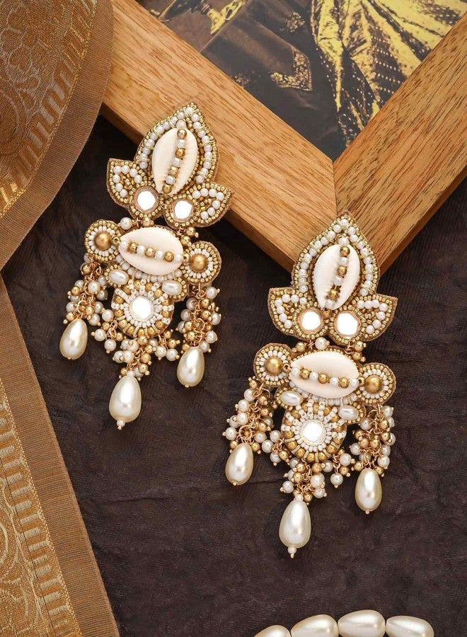 SANJOYA by EVERSTYLISH Embroidered Earrings for Women | Shell, Beads & Pearl Drop Statement Dangler Earrings | Ethnic Jewelry for Weddings, Festivals & Special Occasions - Image 3