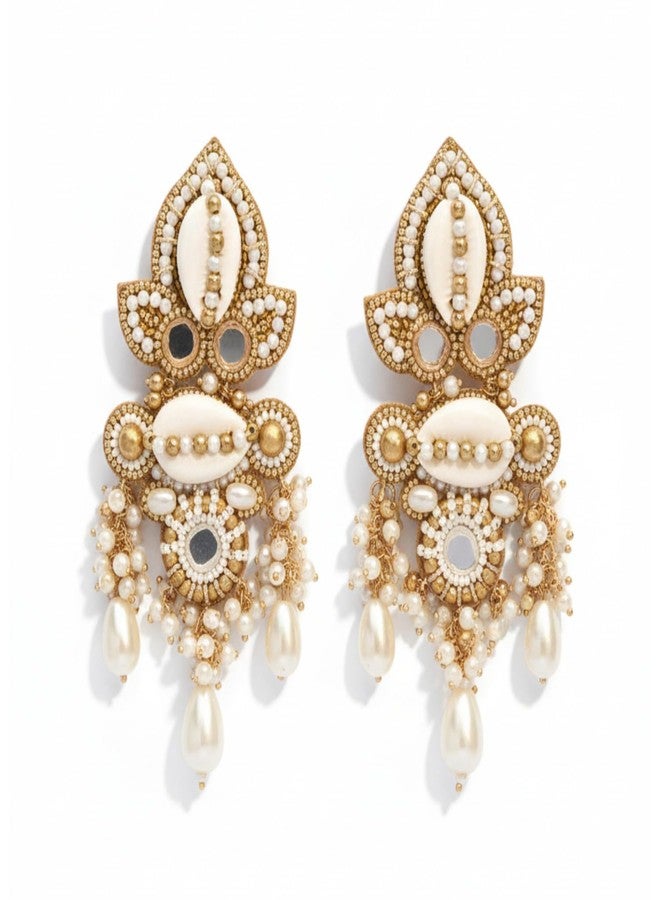 SANJOYA by EVERSTYLISH Embroidered Earrings for Women | Shell, Beads & Pearl Drop Statement Dangler Earrings | Ethnic Jewelry for Weddings, Festivals & Special Occasions - Image 1