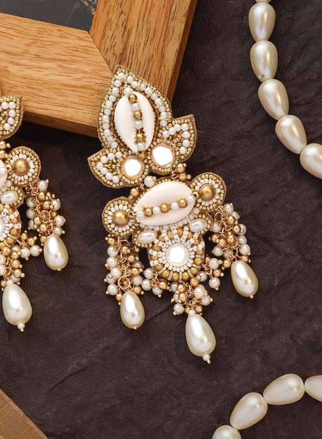 SANJOYA by EVERSTYLISH Embroidered Earrings for Women | Shell, Beads & Pearl Drop Statement Dangler Earrings | Ethnic Jewelry for Weddings, Festivals & Special Occasions - Image 2