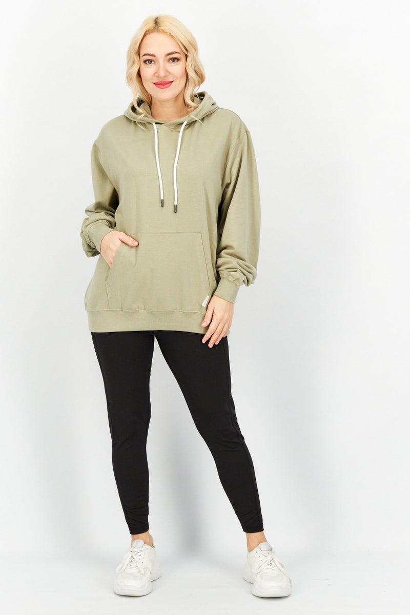 Sovereign Code Women Solid Hooded Sweatshirt, Olive - Image 2