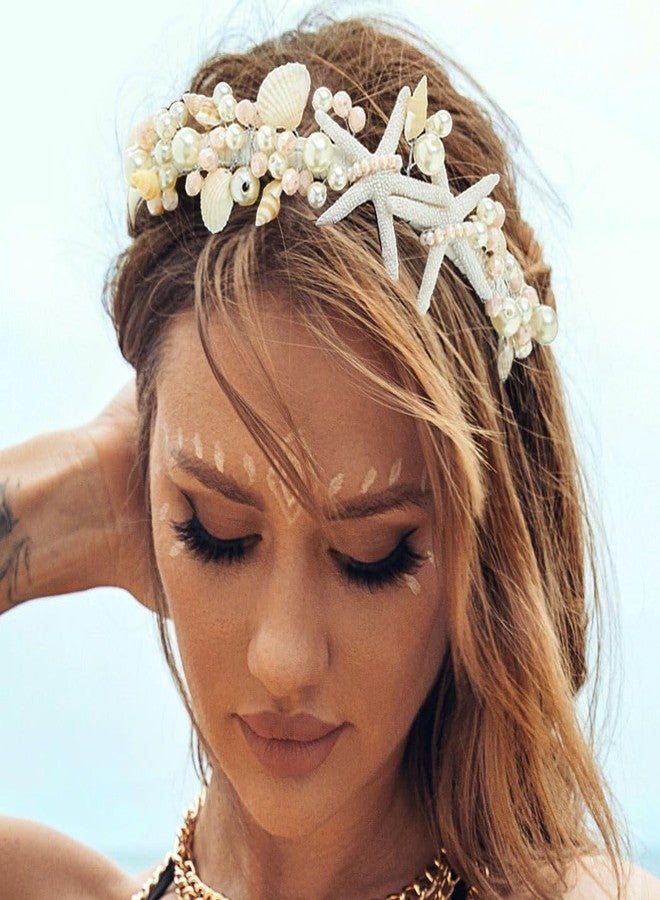 بريشو طوق رأس بريشو بتصميم حورية البحر ونجم البحر، تاج شاطئي بوهيمي من اللؤلؤ للنساء - Image 1