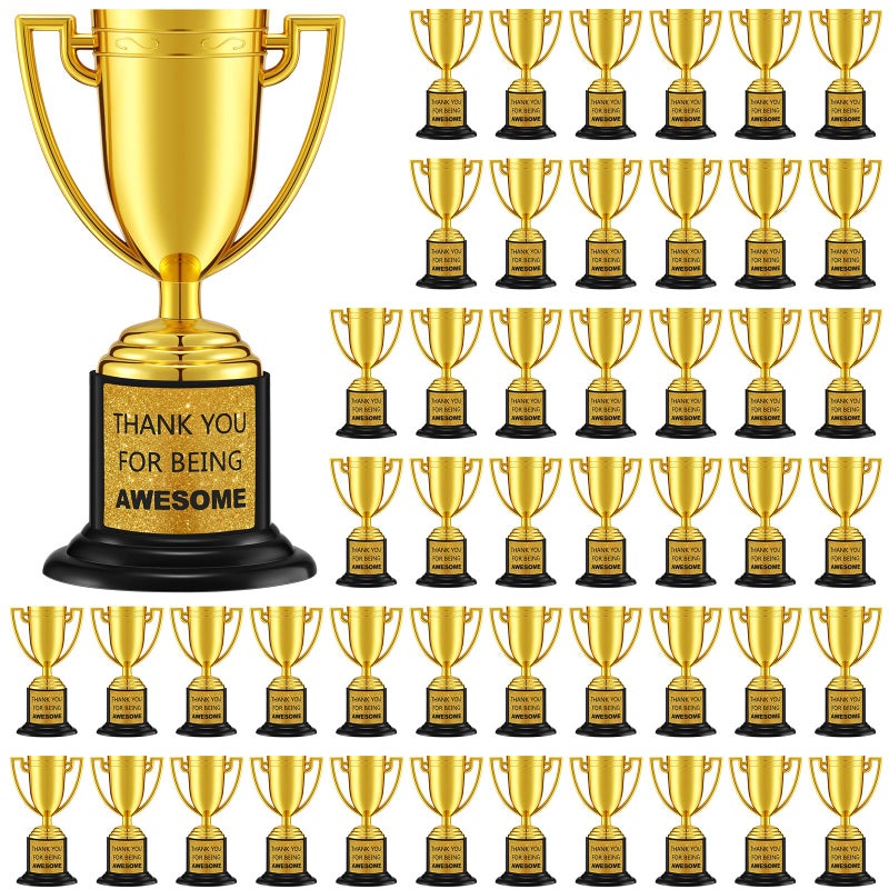 Highergo 48 Pcs Mini Trophies Awards Plastic Gold Trophy Cups Party Favors Adults Metal Trophy with Stickers for School Football Basketball Sports Competition Staff Reward Appreciation Gifts - Image 2