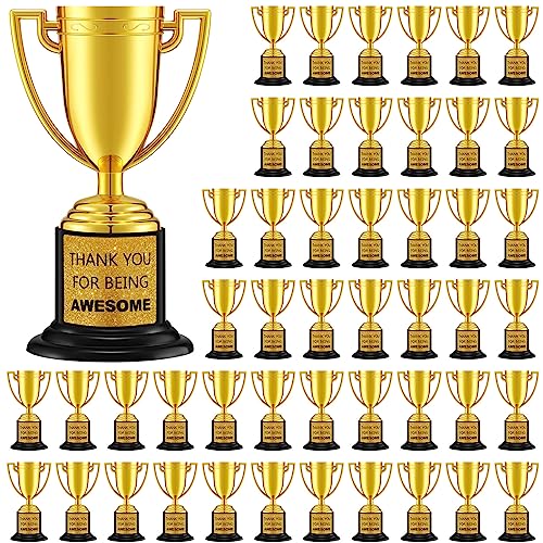 Highergo 48 Pcs Mini Trophies Awards Plastic Gold Trophy Cups Party Favors Adults Metal Trophy with Stickers for School Football Basketball Sports Competition Staff Reward Appreciation Gifts - Image 1