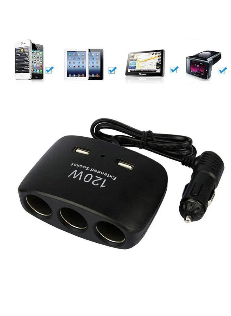 Multi Device In Car Charging Solution 120W 3 Way Power Extension Car USB Charger Lighter Socket Splitter Power Adapter Black - Image 4