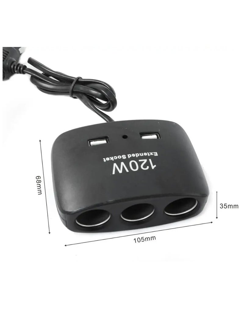 Multi Device In Car Charging Solution 120W 3 Way Power Extension Car USB Charger Lighter Socket Splitter Power Adapter Black - Image 3