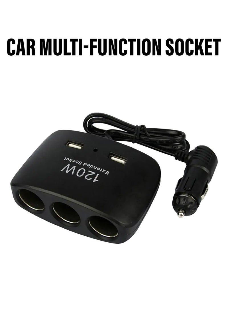 Multi Device In Car Charging Solution 120W 3 Way Power Extension Car USB Charger Lighter Socket Splitter Power Adapter Black - Image 1