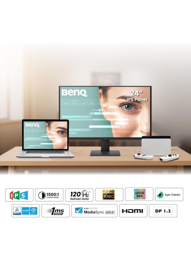 بين كيو [موديل 2026] شاشة BenQ GW2491P مقاس 24 بوصة بدقة FHD، لوحة IPS، معدل تحديث 120 هرتز، تغطية 99% من ألوان sRGB، زمن استجابة 1 مللي ثانية MPRT، تقنية حماية العين، معتمدة Eyesafe، منفذ HDMI 1.4، منفذ DisplayPort 1.2، VESA MediaSync، حواف فائقة النحافة، وتقنية تقليل الضوء الأزرق black - Image 2