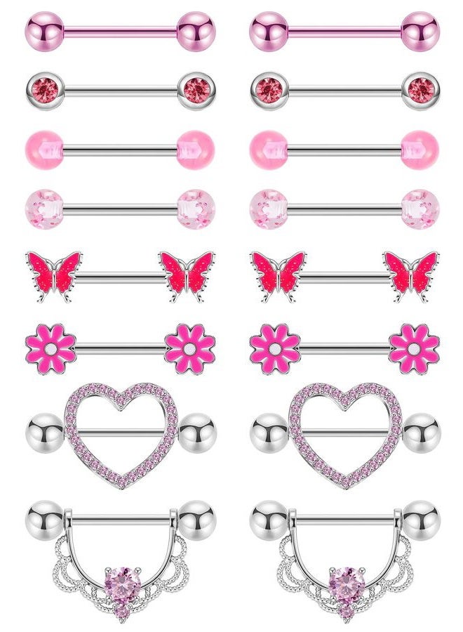 NICEIGHT 8 Pairs 14G Surgical Steel Rings for Women - Heart, Butterfly, Flower CZ Barbell Piercing Jewelry, Metal, cubic zirconia - Image 1