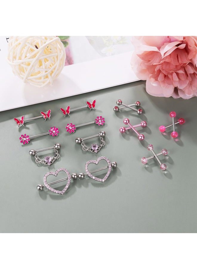 NICEIGHT 8 Pairs 14G Surgical Steel Rings for Women - Heart, Butterfly, Flower CZ Barbell Piercing Jewelry, Metal, cubic zirconia - Image 2