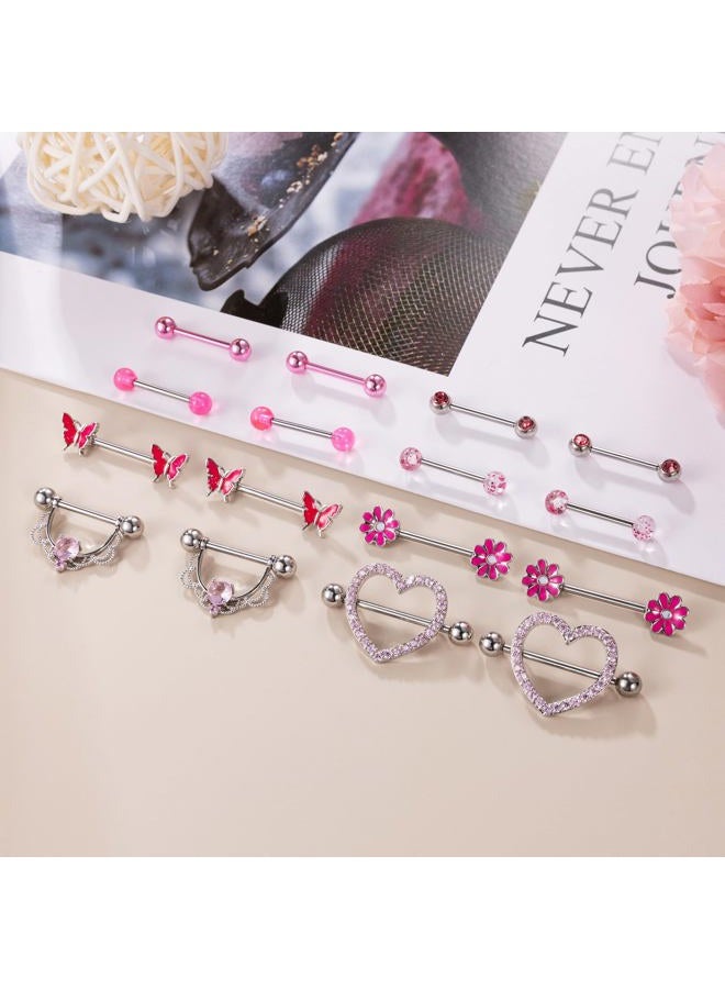 NICEIGHT 8 Pairs 14G Surgical Steel Rings for Women - Heart, Butterfly, Flower CZ Barbell Piercing Jewelry, Metal, cubic zirconia - Image 3