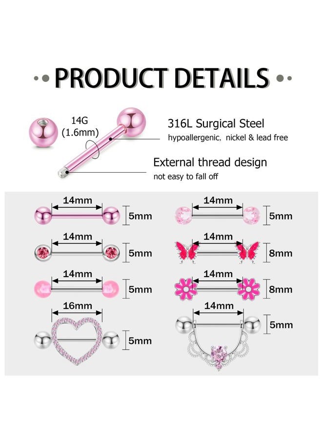 NICEIGHT 8 Pairs 14G Surgical Steel Rings for Women - Heart, Butterfly, Flower CZ Barbell Piercing Jewelry, Metal, cubic zirconia - Image 4