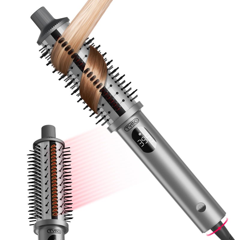 TYMO STYLUX PRO Thermal Brush Curling Brush, 1.5 Inch Blowout Heated Round Volumizer, Hair Straightener and Curler 2 in 1, 800M Negative Ion for Smoother, LCD Display, 5 Temp, Dual Voltage, Gray - Image 1