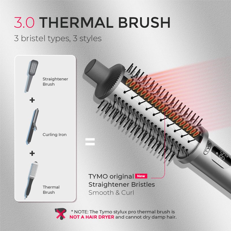 TYMO STYLUX PRO Thermal Brush Curling Brush, 1.5 Inch Blowout Heated Round Volumizer, Hair Straightener and Curler 2 in 1, 800M Negative Ion for Smoother, LCD Display, 5 Temp, Dual Voltage, Gray - Image 2