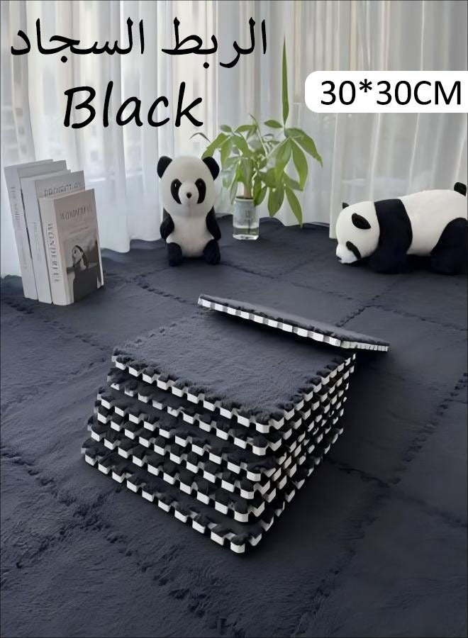 Plush Puzzle Foam Floor Mat For Kids Carpet Tiles Plush Puzzle Foam Floor Mat Plush Foam Floor Mat Square  Thick Interlocking Fluffy Tiles With Border Square Rug  Soft Climbing Carpet Mats Area Rug (Black) - Image 1