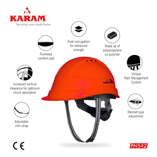 KARAM PN542 Safety Helmet for Men Industrial & Construction Helmet | Ratchet Type Adjustment with Adjustable Chin Strap | Ventilation & Side Slot for Attachment | EN Certified Hard Hat | Red - Image 3