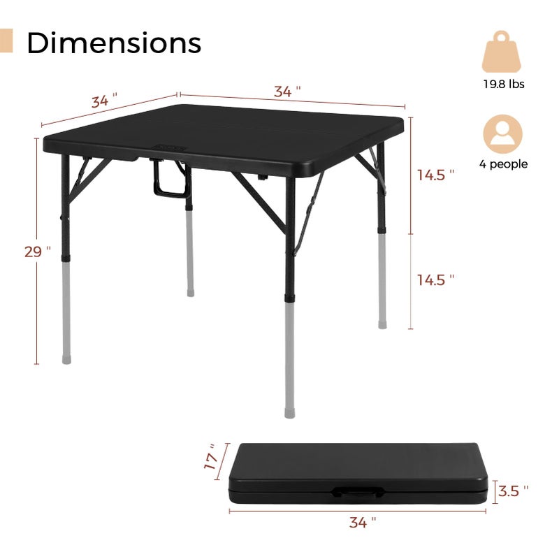pollilar 34" Folding Card Table Square Foldable Table Plastic Portable with Detachable Legs, Dual Height Adjustable, Heavy-Duty Indoor Outdoor Dining, Game, Picnic, Mahjong Tables-Black - Image 2