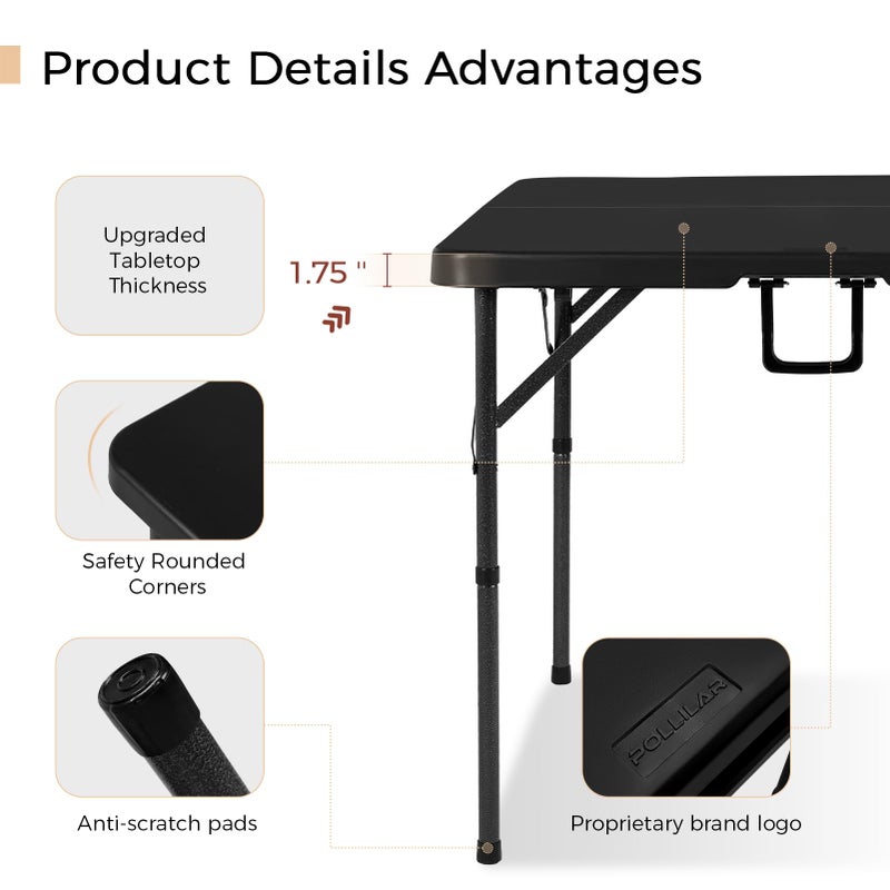 pollilar 34" Folding Card Table Square Foldable Table Plastic Portable with Detachable Legs, Dual Height Adjustable, Heavy-Duty Indoor Outdoor Dining, Game, Picnic, Mahjong Tables-Black - Image 3