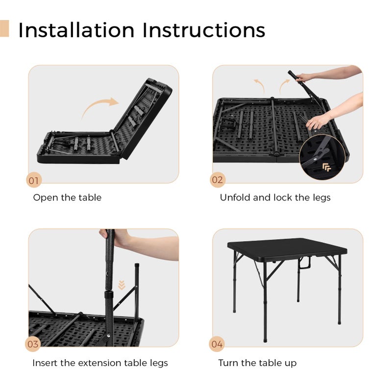 pollilar 34" Folding Card Table Square Foldable Table Plastic Portable with Detachable Legs, Dual Height Adjustable, Heavy-Duty Indoor Outdoor Dining, Game, Picnic, Mahjong Tables-Black - Image 5