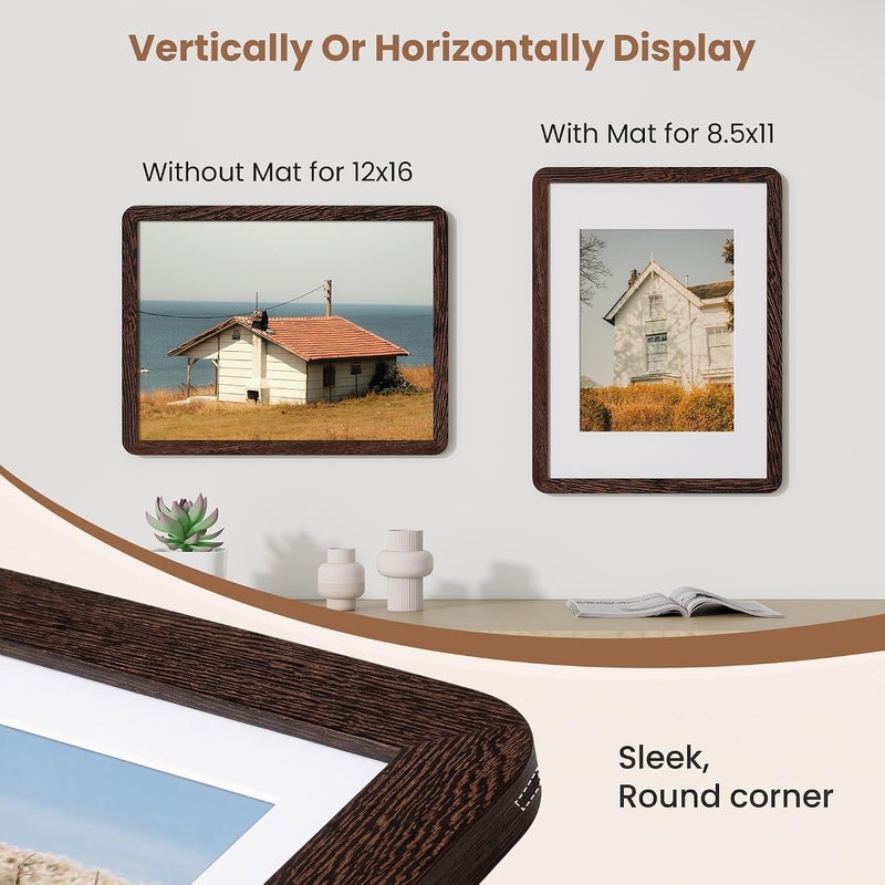 FLYJOE 12x16 Picture Frame,Natural Solid Wenge Wood 12 x 16 Photo Frame with HD Tempered Glass,Handcrafted Rounded Corner 12 by 16 Wooden Frames Matted to 8.5x11,12x16 Frame Wall Decor for Art,Family,Wedding - Image 4
