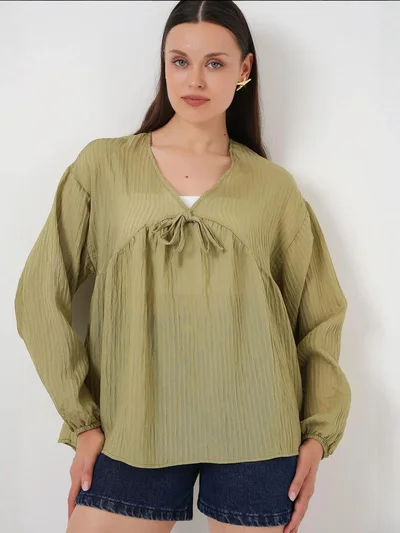 BIG DART BDART Textured Seersucker V-Neck Blouse with Bow Tie
