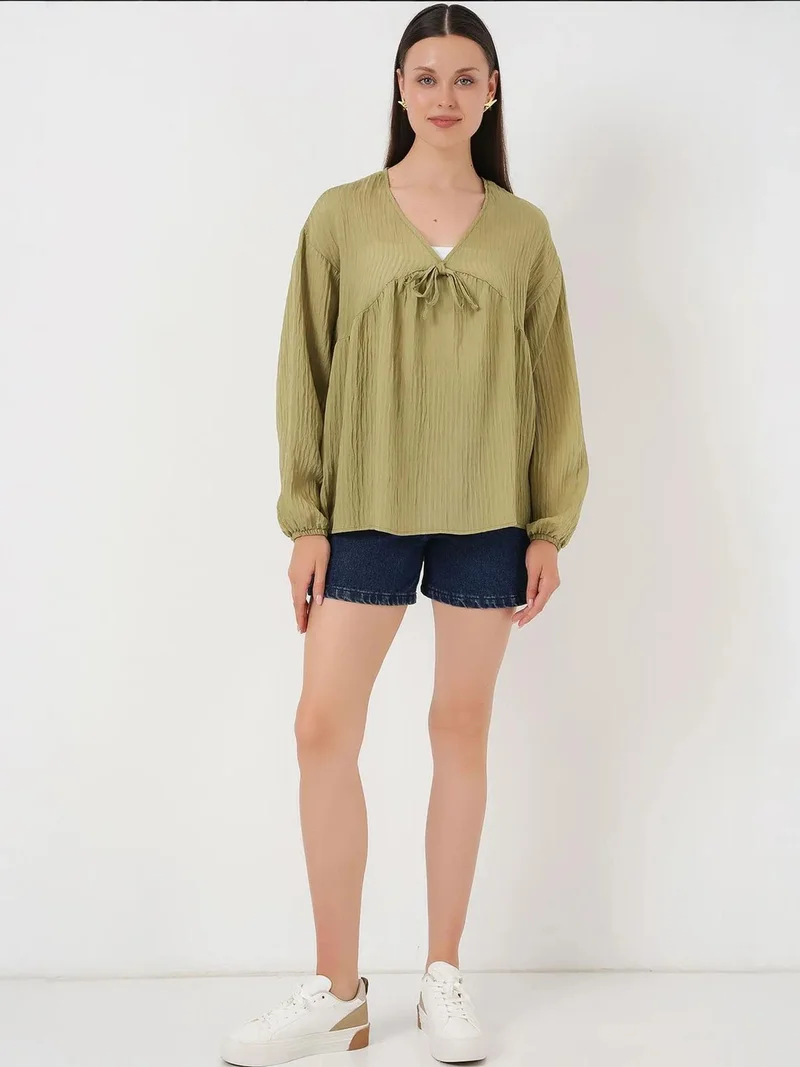 BIG DART BDART Textured Seersucker V-Neck Blouse with Bow Tie