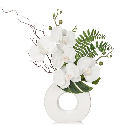Briful Orchid Artificial Flowers 161 White Orchid Silk Flowers with Ceramic Vase Faux Orchid Arrangement for Home Office Table Centerpiece Indoor Decoration - Image 1