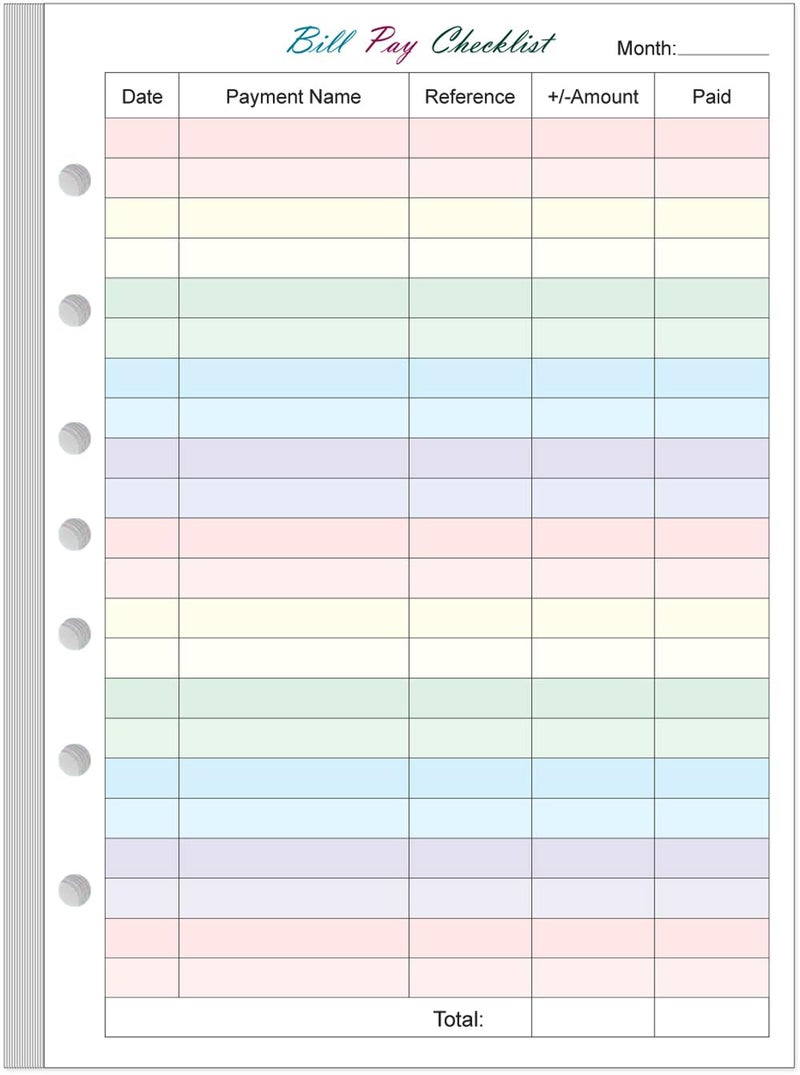Yaridar Payment Checklist Refills Paper for Mini 3 or 7 Ring Binders - 50 Sheets/100 Pages Colorful Monthly Budget Forms, 7 Hole Punched/Desk Size 4, 100 gsm White Paper, 5.8" x 8.3" - Image 1