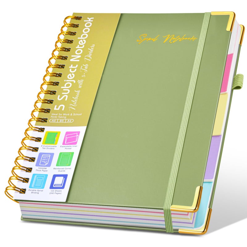 dilitego Hardcover Spiral Notebooks for Work, 5 Subject Notebook College Ruled with Dividers Tabs, Lined Organizer Notebook Journal for women, 8"x10" Large B5 Notebooks for School Note taking, 240 Pages Green - Image 1