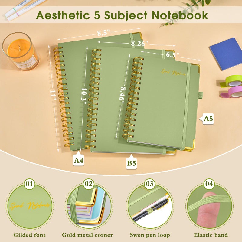 dilitego Hardcover Spiral Notebooks for Work, 5 Subject Notebook College Ruled with Dividers Tabs, Lined Organizer Notebook Journal for women, 8"x10" Large B5 Notebooks for School Note taking, 240 Pages Green - Image 2